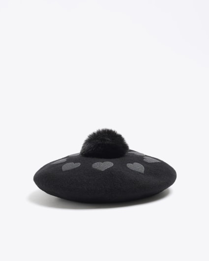 Mini girls black heart pom pom beret hat
