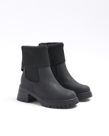 Girls black knit heeled boots