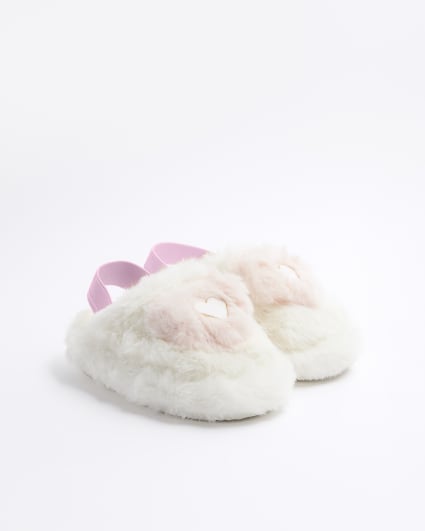 Mini girls cream faux fur heart mule slippers