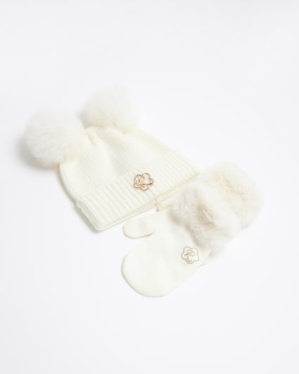 Mini girls cream hat snood and gloves set