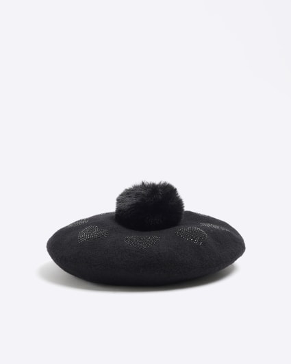 Girls black heart pom pom beret hat