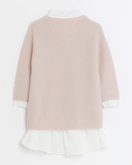 Girls pink knitted hybrid shirt jumper dress