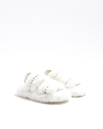 Girls cream faux fur diamante slippers