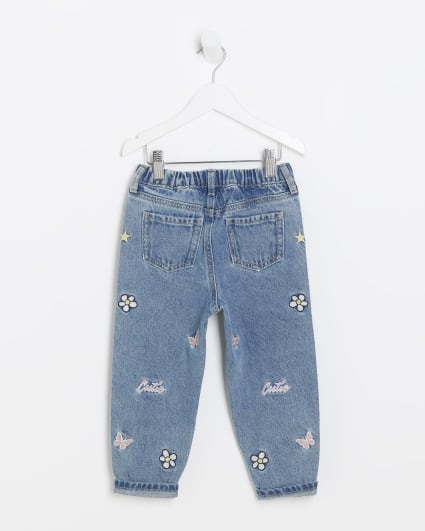 Mini girls blue embroidered mom jeans