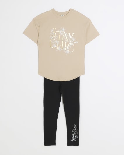 Girls brown graphic t-shirt and leggings set