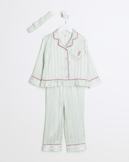 Mini girls green stripe peplum satin pyjamas