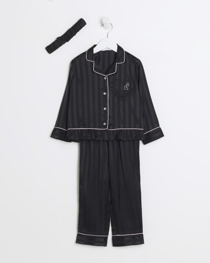 Mini girls black stripe peplum satin pyjamas