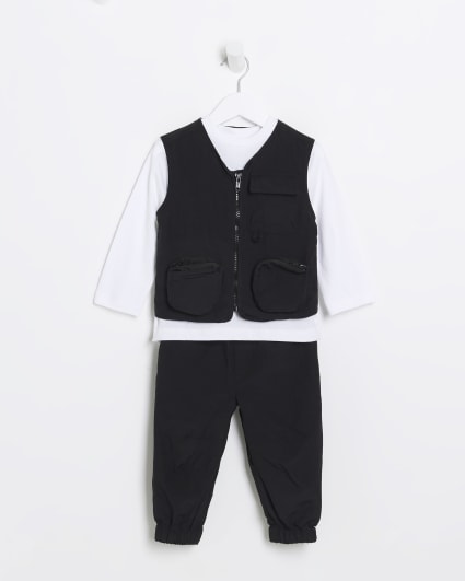 Mini boys black nylon gilet cargo outfit