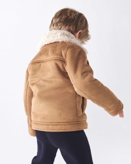 Mini boys brown suedette shearling jacket