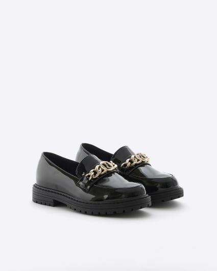 Girls black chunky chain patent loafers