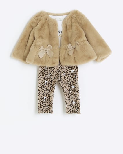 Baby girls beige faux fur coat leopard set