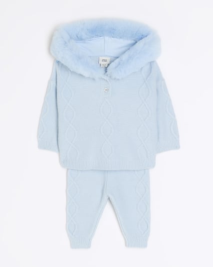 Baby boys blue knit hooded poncho set