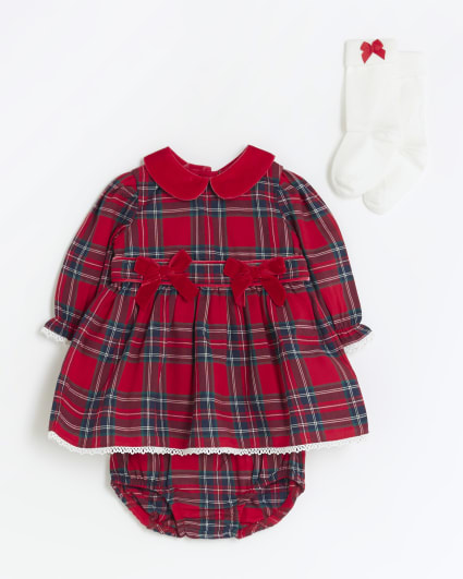 Baby girls red velvet check dress set