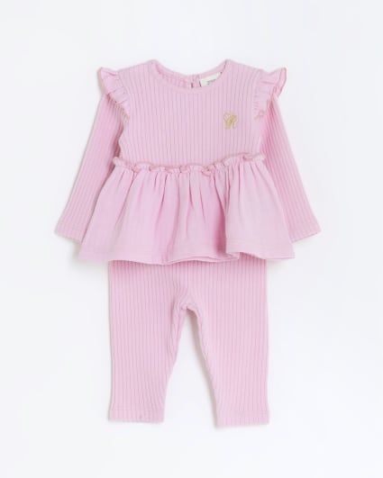 Baby girls pink ribbed peplum outfit