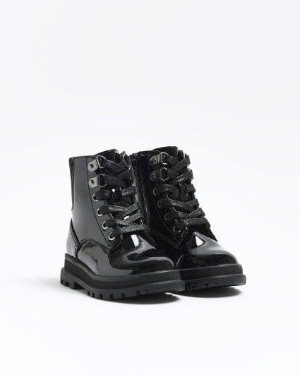 Mini girls black patent hiker boots