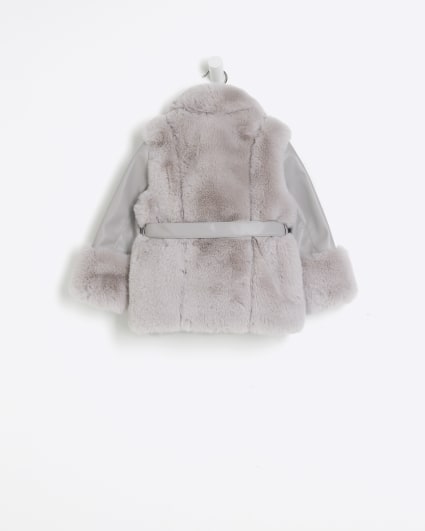 Mini girls grey faux fur wrap coat