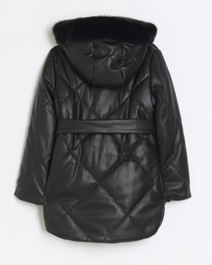 Girls Black faux leather quilted hooded coat