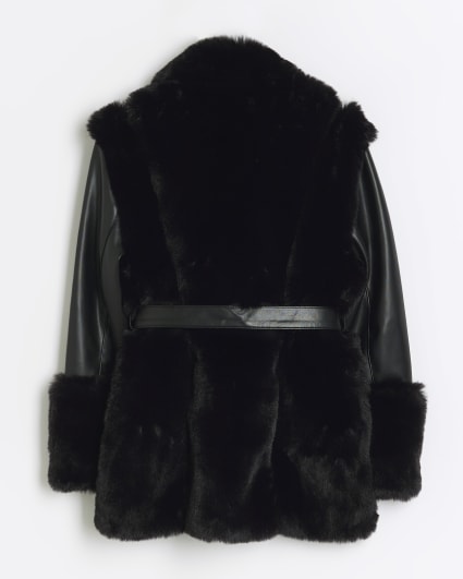 Girls black faux fur trim faux leather coat