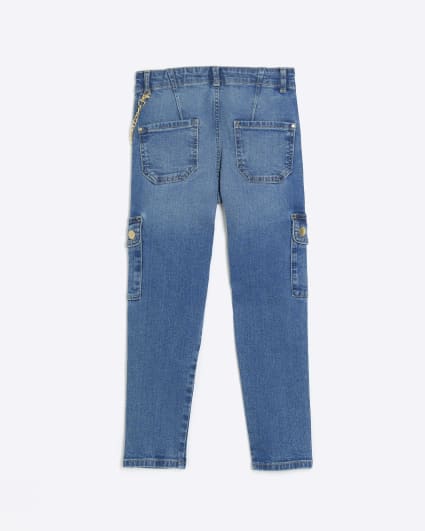 Girls blue chain detail cargo skinny jeans