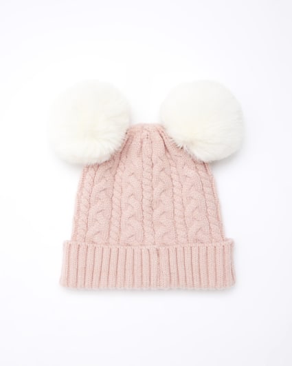 Baby girls pink cable knit pom pom beanie hat