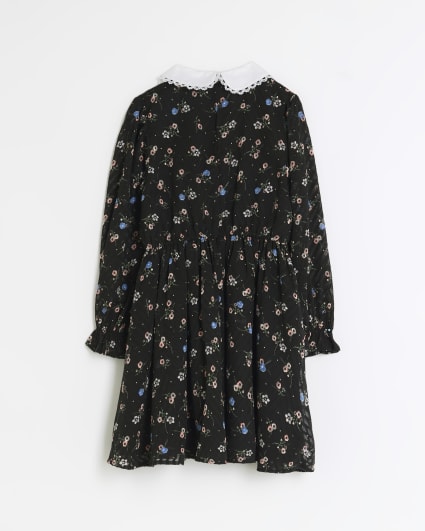 Girls black floral collared shirt dress