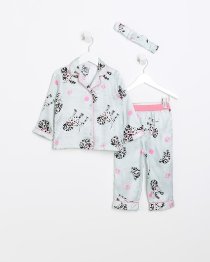 Mini girls green Dalmatian satin pyjama set