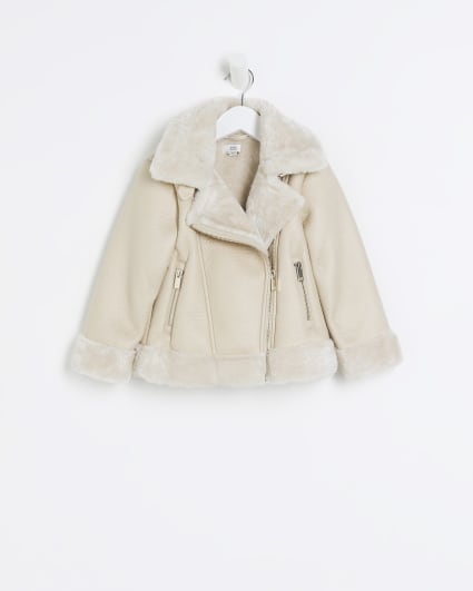 Mini girls cream faux fur aviator jacket