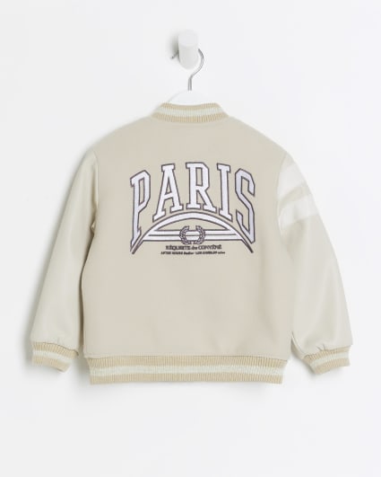 Mini girls cream varsity bomber jacket