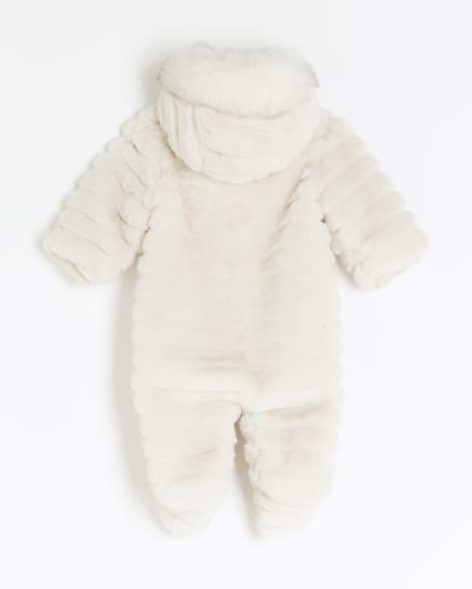 Baby girls cream faux fur pramsuit all in one