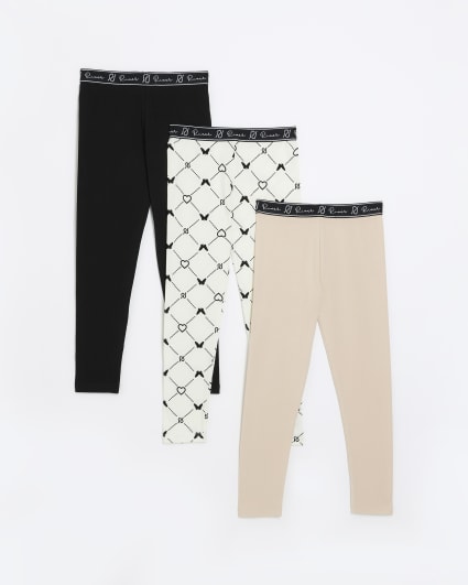 Girls beige monogram leggings 3 pack