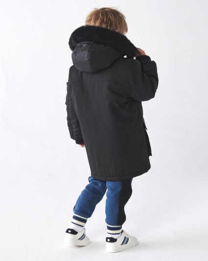 Mini boys black faux fur trim hooded jacket