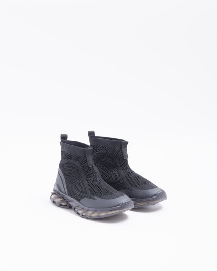 Boys black knitted high top sock trainers