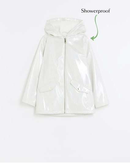 Girls white glitter hooded rain coat