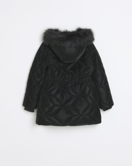 Girls black hooded glam shine padded coat