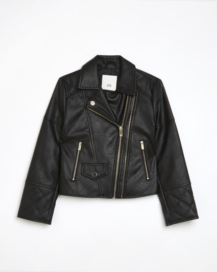 Girls black Pu double zip biker jacket