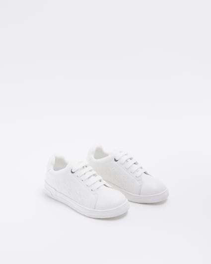 Boys White wide fit Pu Embossed Trainers