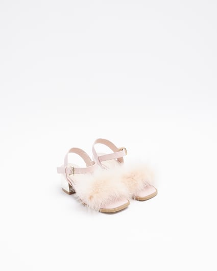 Girls Pink Fluffy Heeled Sandals