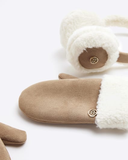 Girls beige shearling ear muffs and gloves
