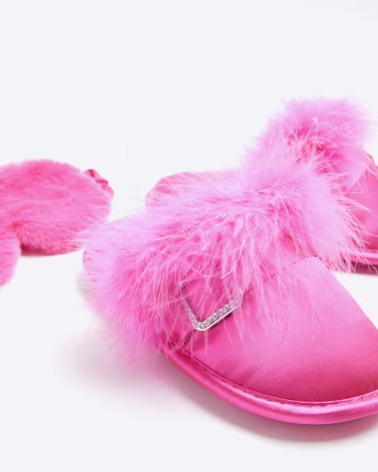 Girls pink faux fur slippers and eye mask set