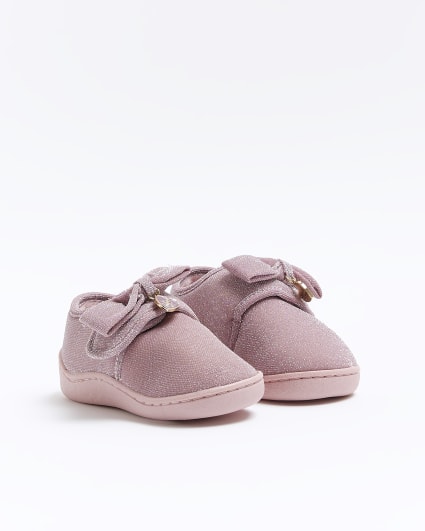 Mini girls pink shimmer velcro bow slippers
