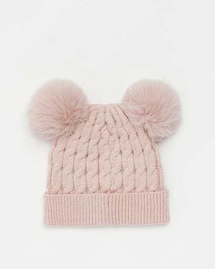 Mini girls Pink Double Pom Pom Beanie Hat