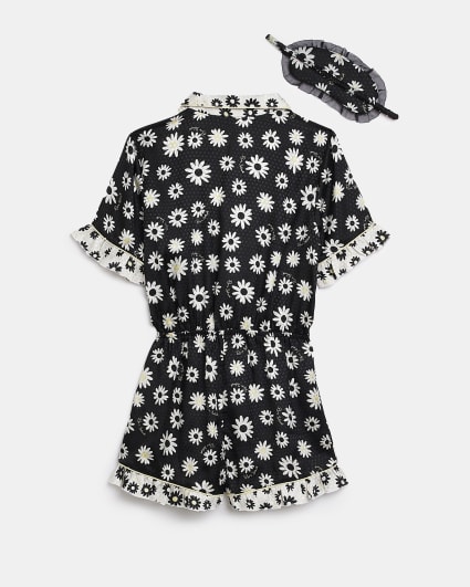 Girls Black Daisy Print Satin Pyjama Set