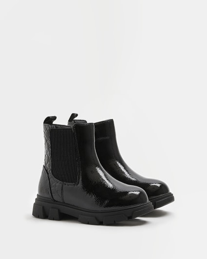Mini girls Black PU Monogram Chelsea boots