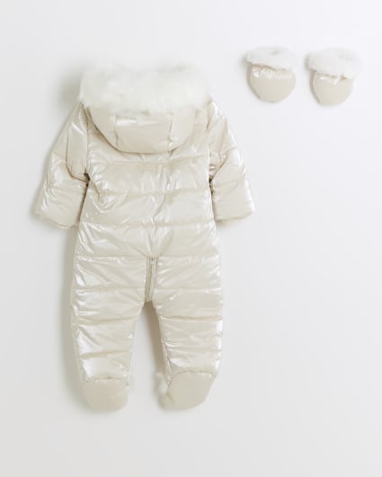 Baby girls beige faux fur padded snowsuit set
