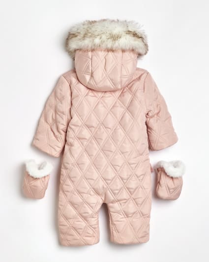 Baby girls pink hooded bow snowsuit