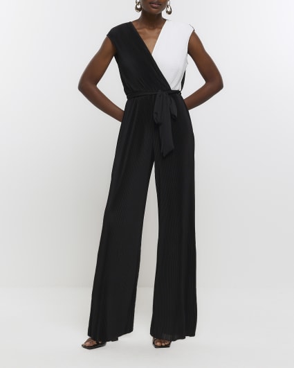 Black plisse belted wrap jumpsuit
