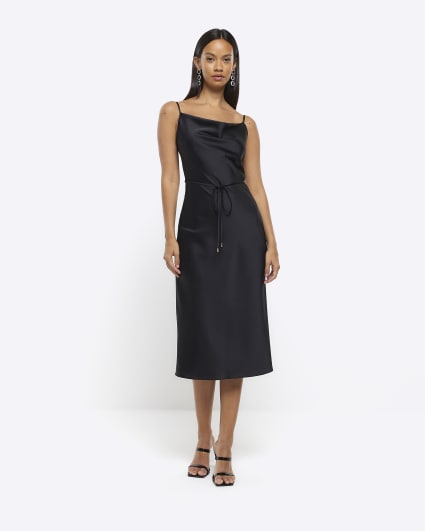 Black cowl neck slip midi dress