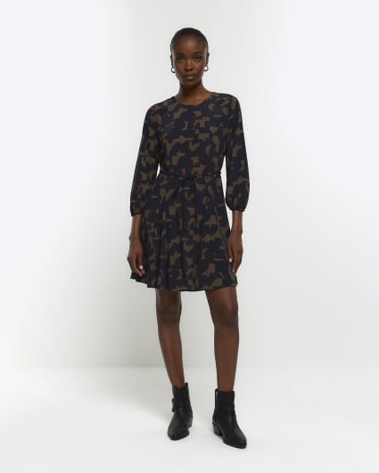 Khaki geometric tie waist smock mini dress