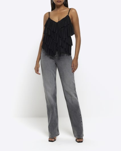 Black asymmetric ruffle cami top