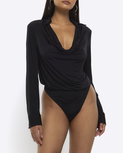 Black collared cowl neck bodysuit